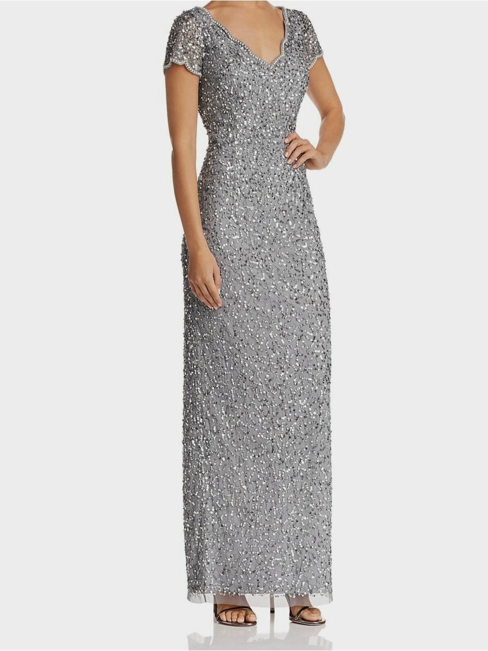Adrianna Papell Silver Beaded Maxi Gown